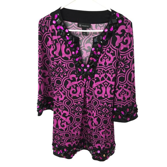 Inc International Concepts Sz Med Black & Pink Rhinestone Tunic Top - Picture 1 of 8